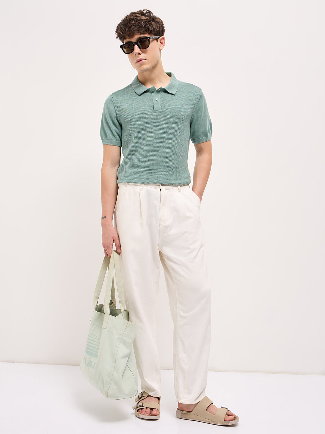 Men Teal Blue Textured Knit Regular Fit Polo T-shirt