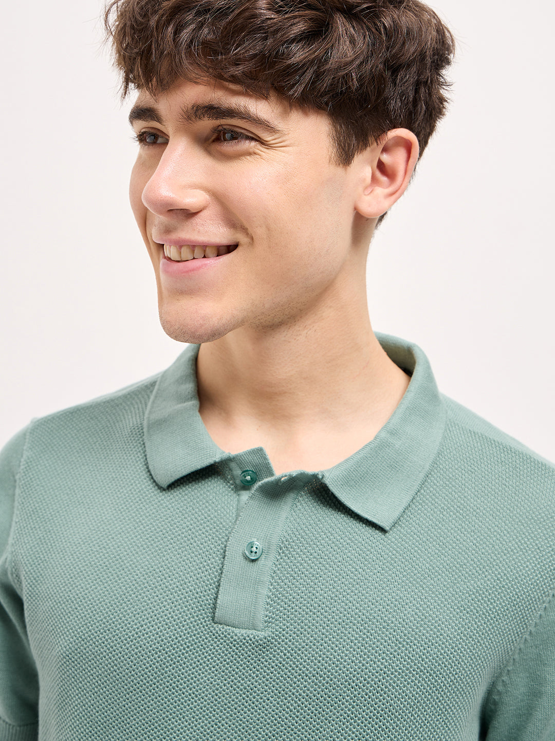 Men Teal Blue Textured Knit Regular Fit Polo T-shirt