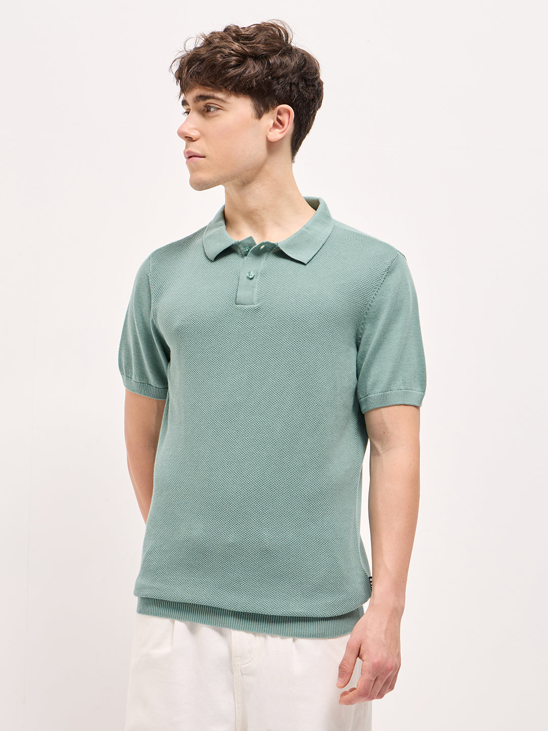 Men Teal Blue Textured Knit Regular Fit Polo T-shirt