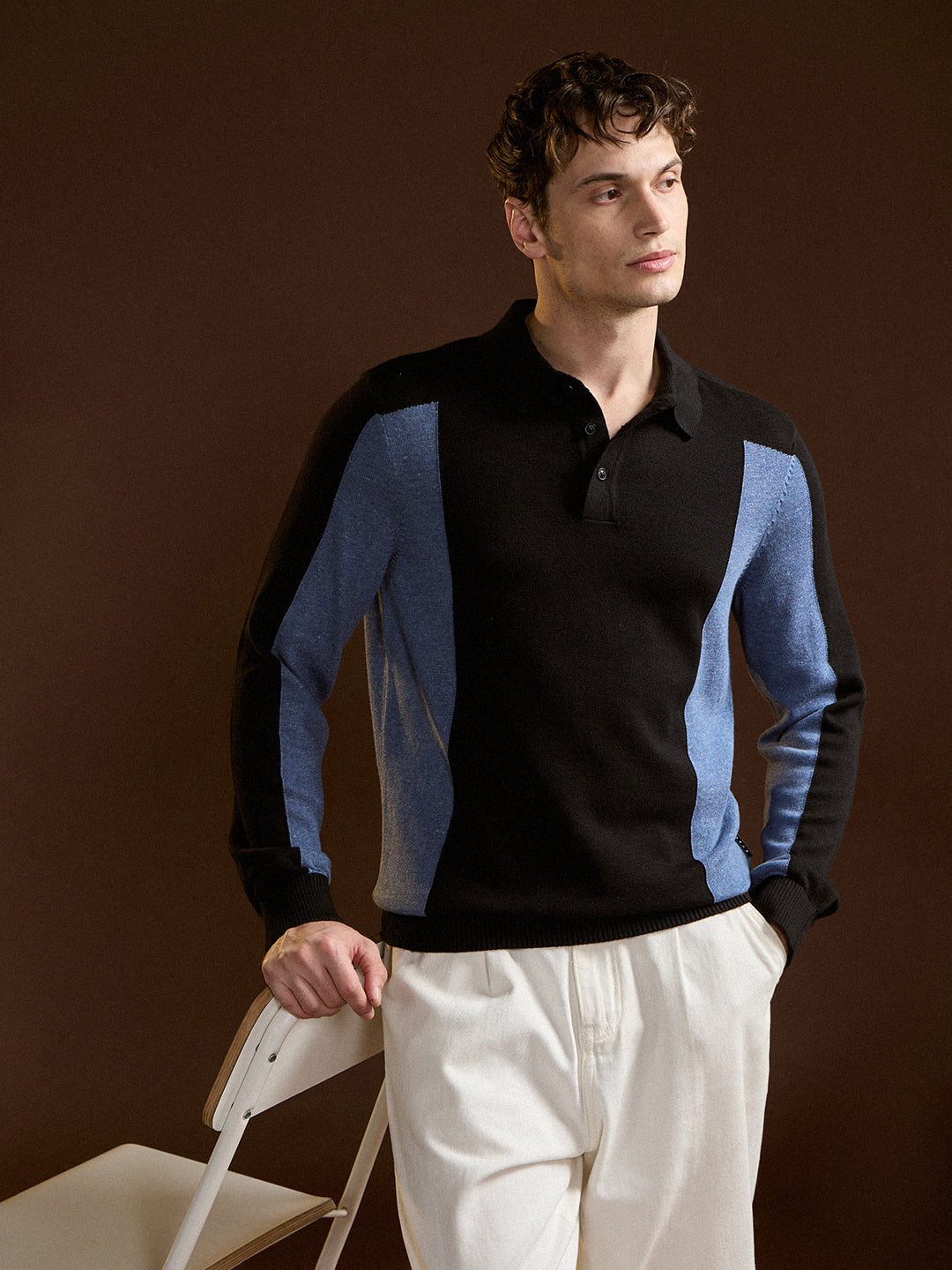 Men Navy Blue and White Color-Block Slim Fit Polo