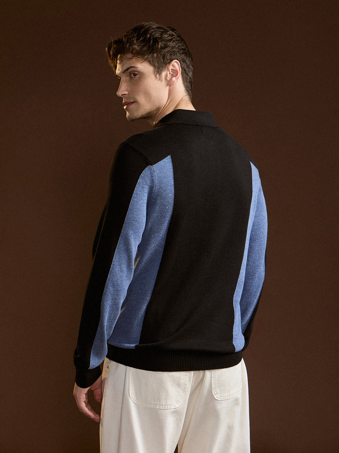 Men Navy Blue and White Color-Block Slim Fit Polo