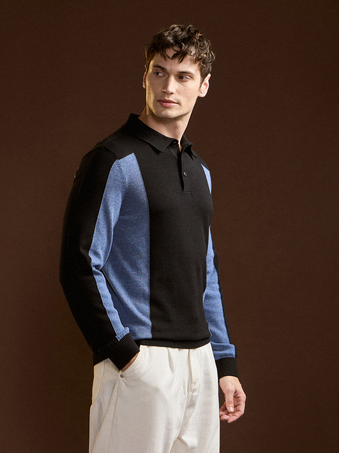 Men Navy Blue and White Color-Block Slim Fit Polo