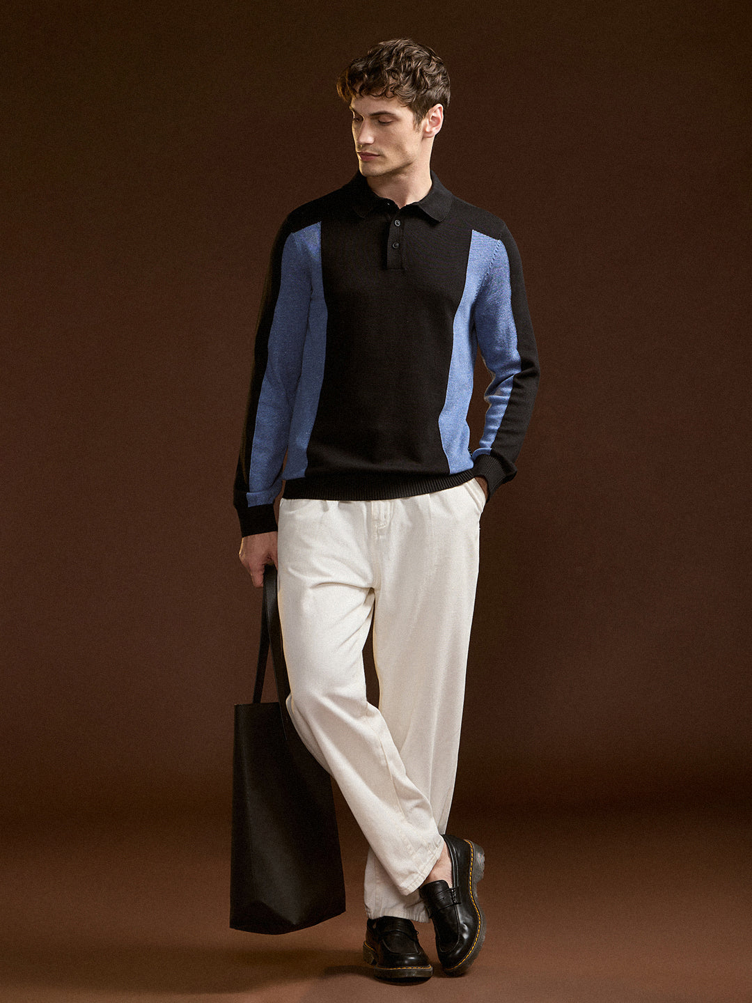 Men Navy Blue and White Color-Block Slim Fit Polo