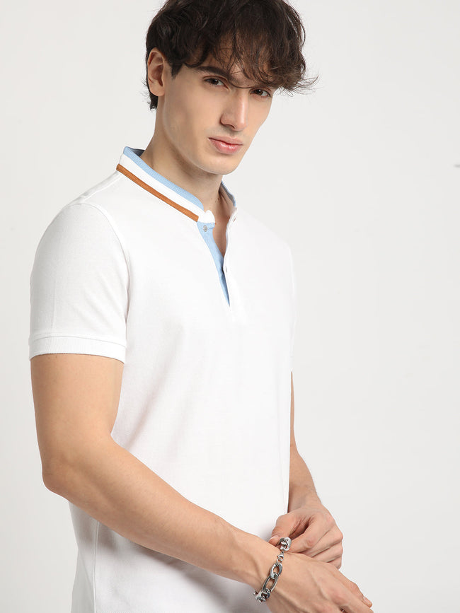 Men White Solid Slim Fit Mandarin Collar T-shirt