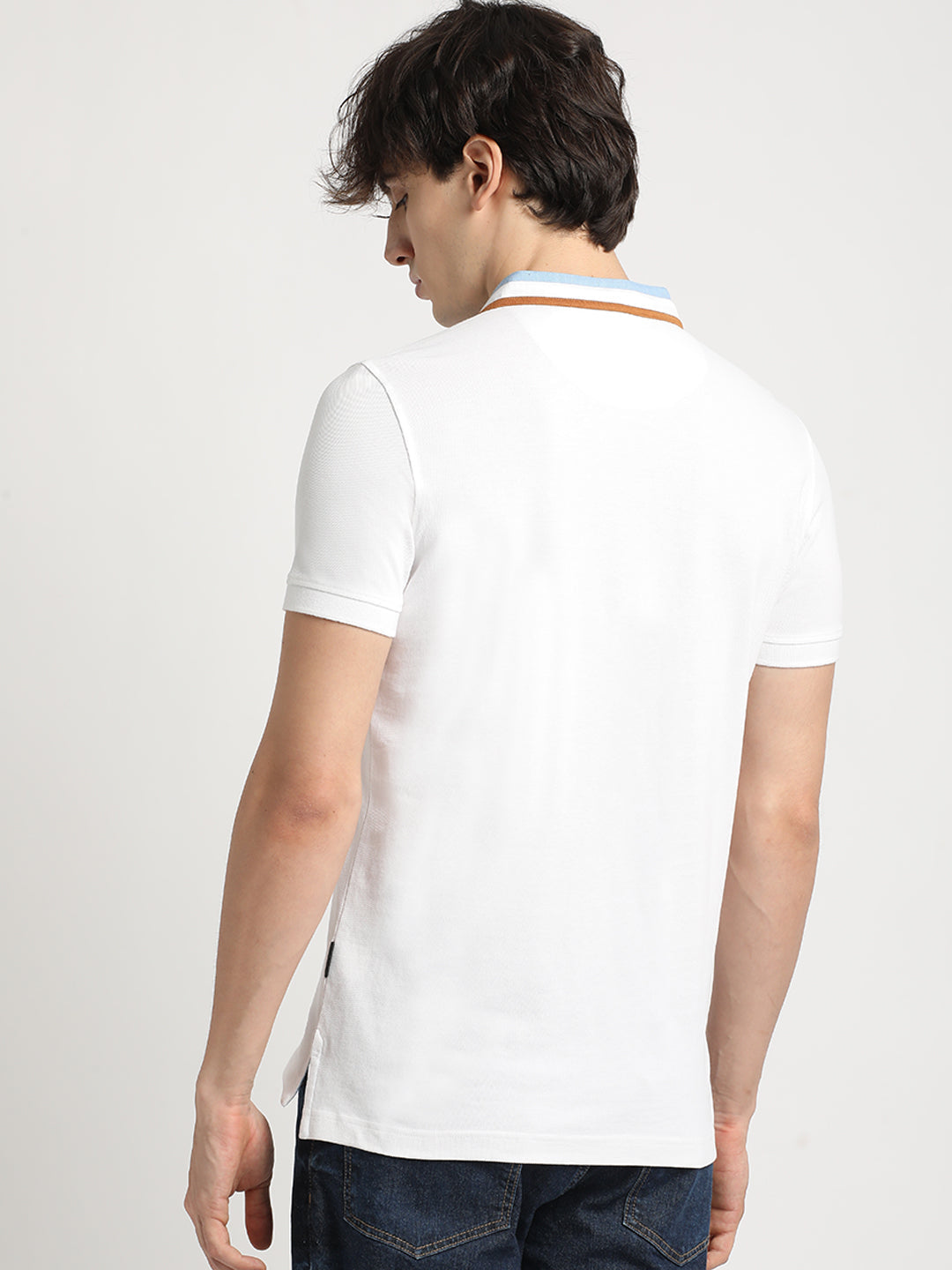 Men White Solid Slim Fit Mandarin Collar T-shirt
