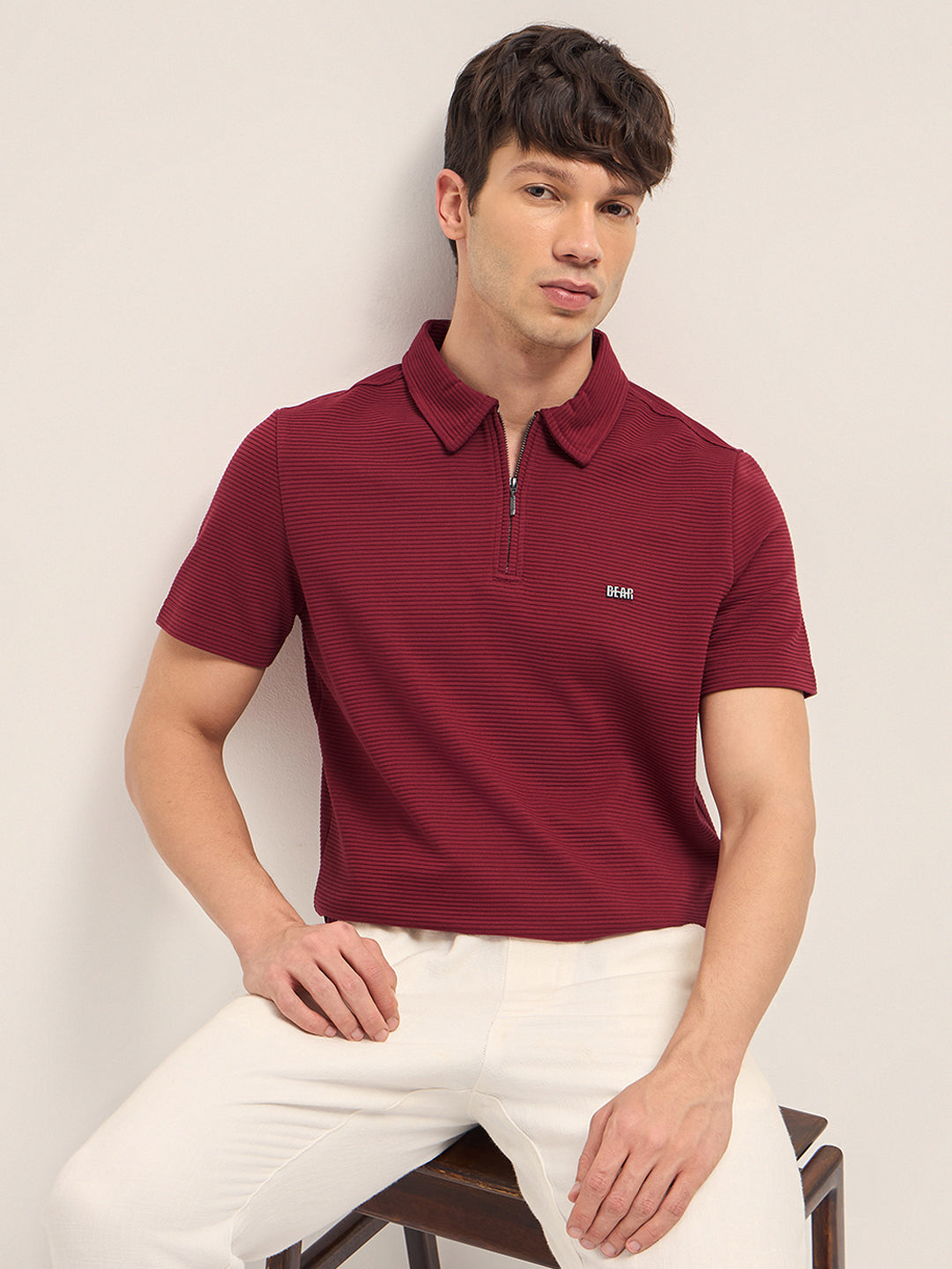 Men Cotton Knitted Striped Polo T-Shirt