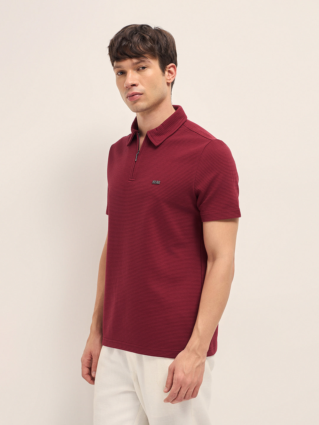Men Cotton Knitted Striped Polo T-Shirt