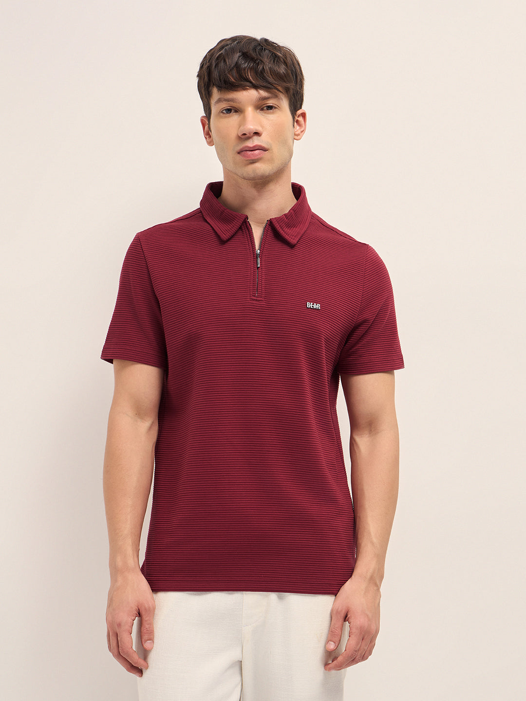 Men Cotton Knitted Striped Polo T-Shirt