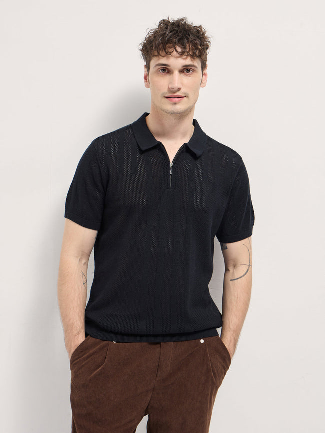 Men Black Vertical textured knit Design Regular Fit Polo