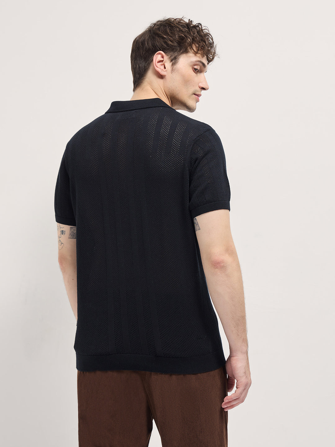 Men Black Vertical textured knit Design Regular Fit Polo