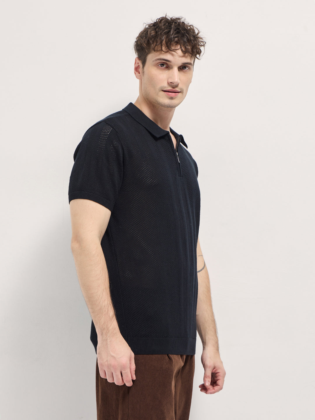 Men Black Vertical textured knit Design Regular Fit Polo