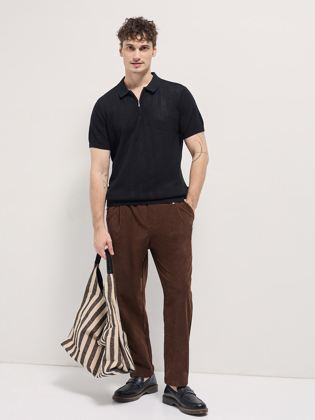 Men Black Vertical textured knit Design Regular Fit Polo