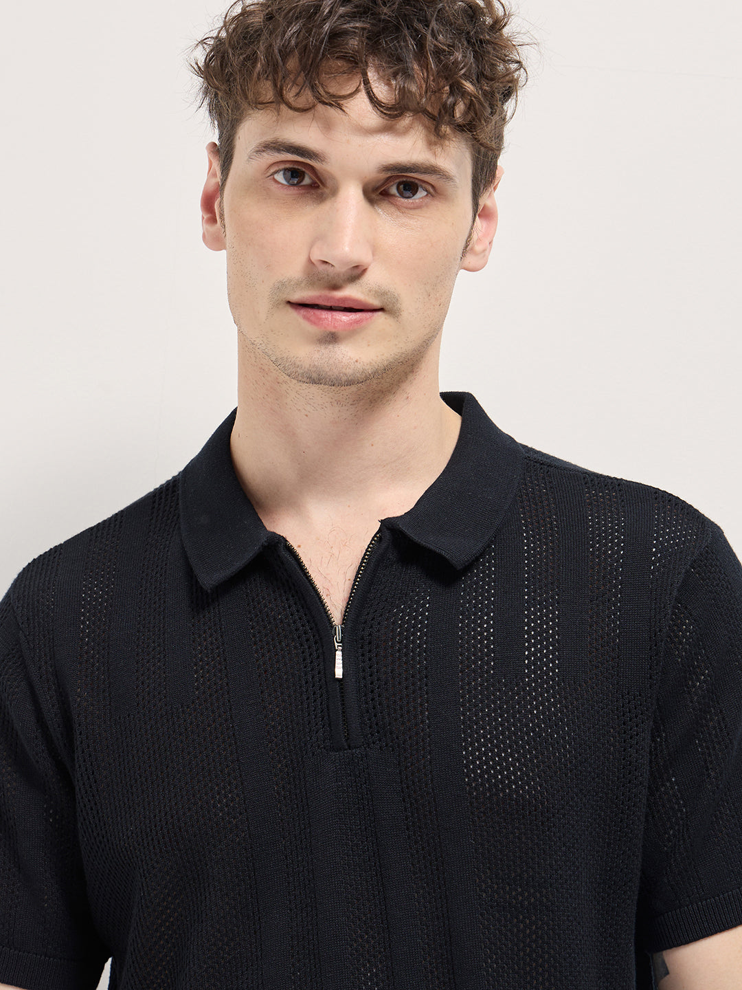 Men Black Vertical textured knit Design Regular Fit Polo