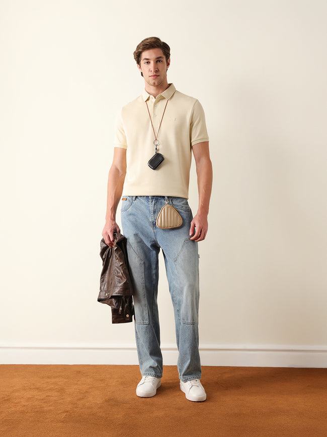 Men Cream Solid Cotton T-Shirt