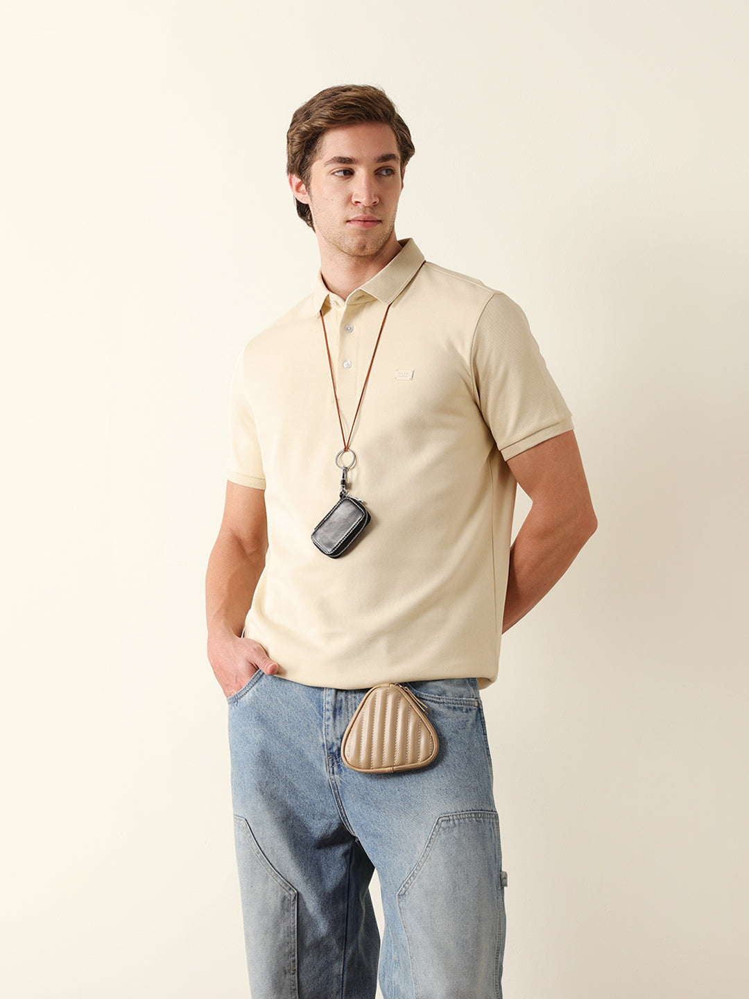 Men Cream Solid Cotton T-Shirt
