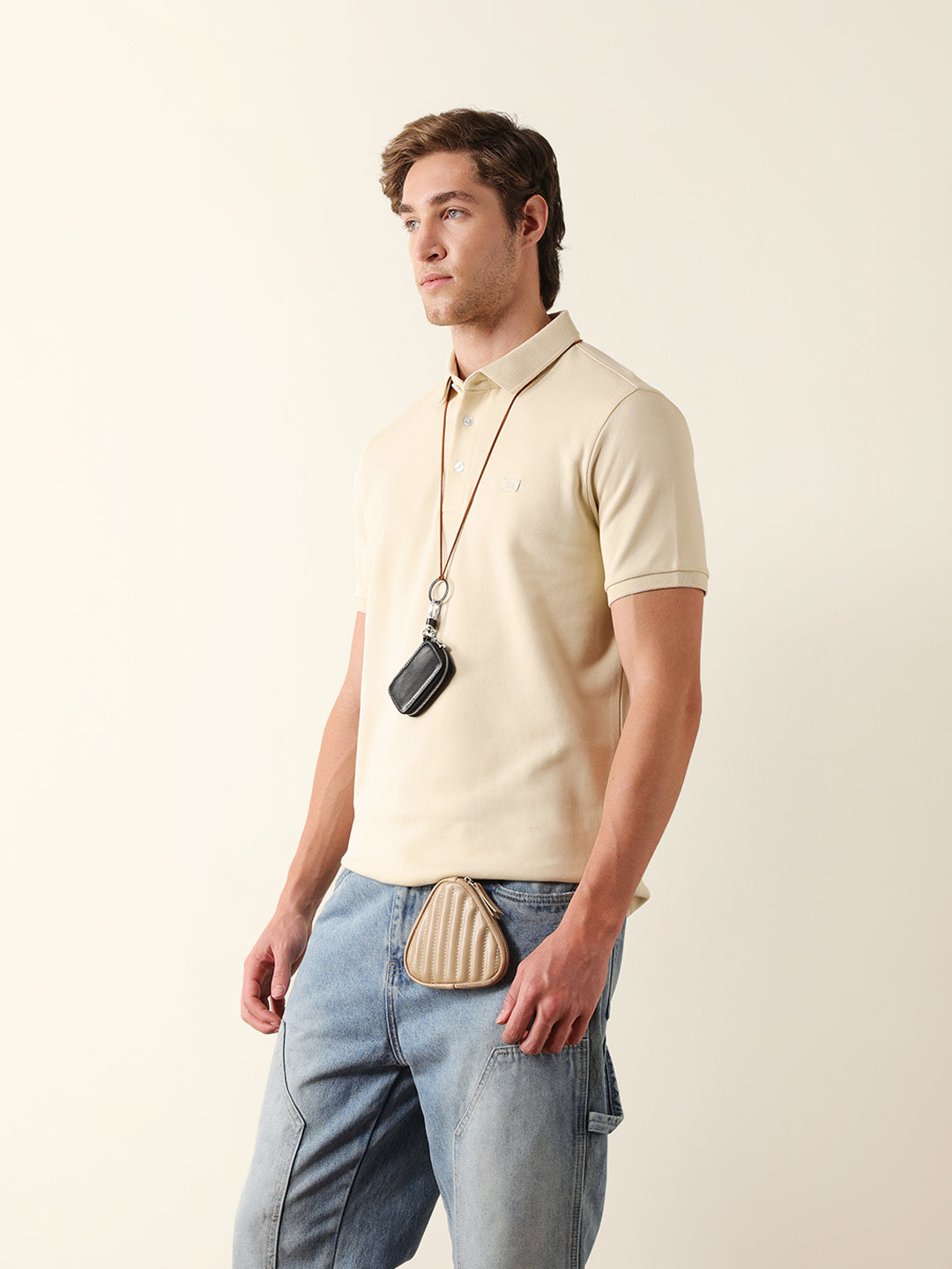 Men Cream Solid Cotton T-Shirt