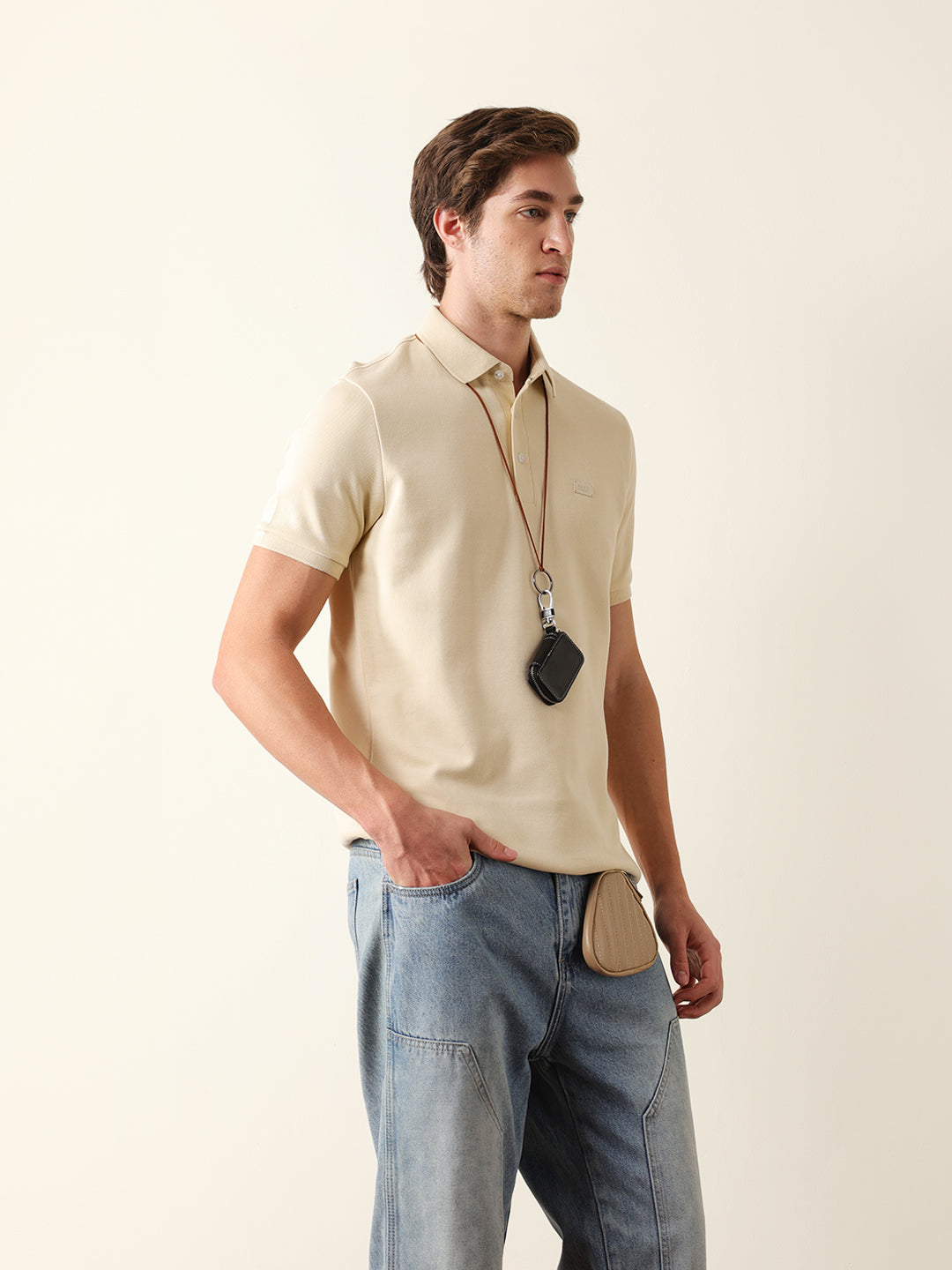 Men Cream Solid Cotton T-Shirt