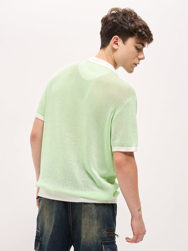 Men Green Textured Knit Regular Fit Polo T-shirt