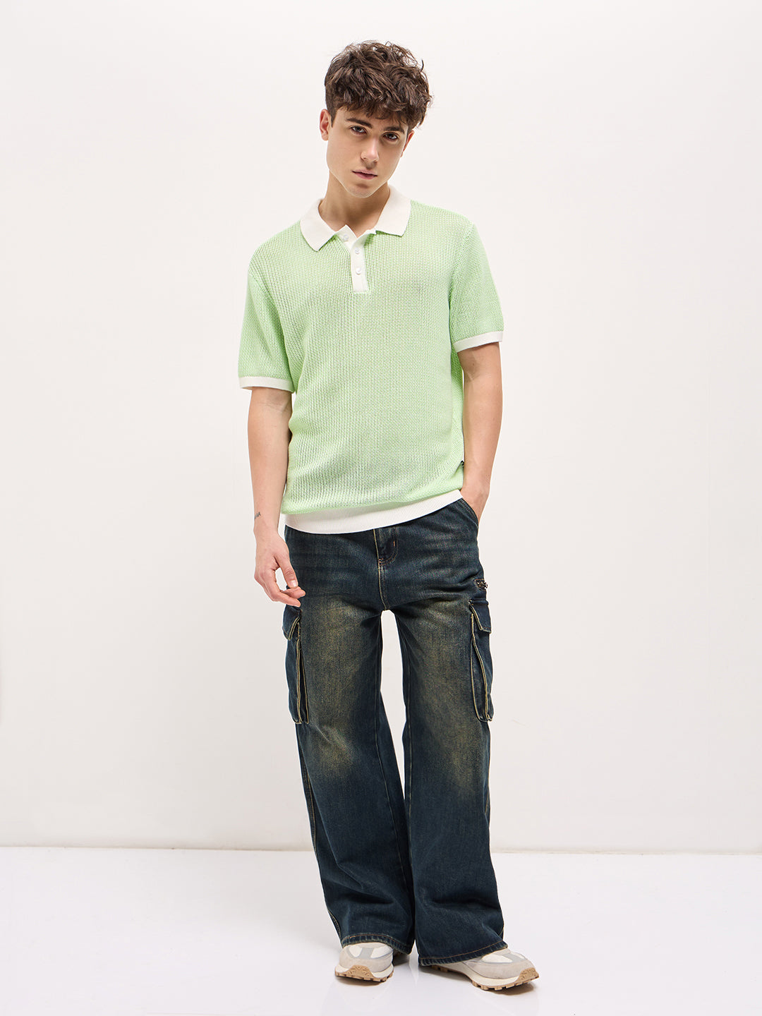 Men Green Textured Knit Regular Fit Polo T-shirt