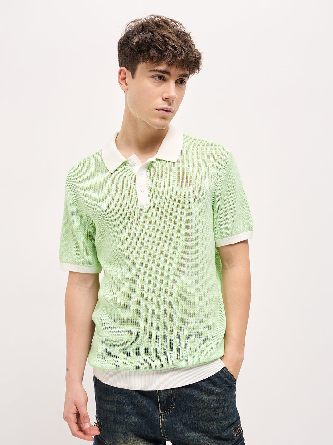 Men Green Textured Knit Regular Fit Polo T-shirt