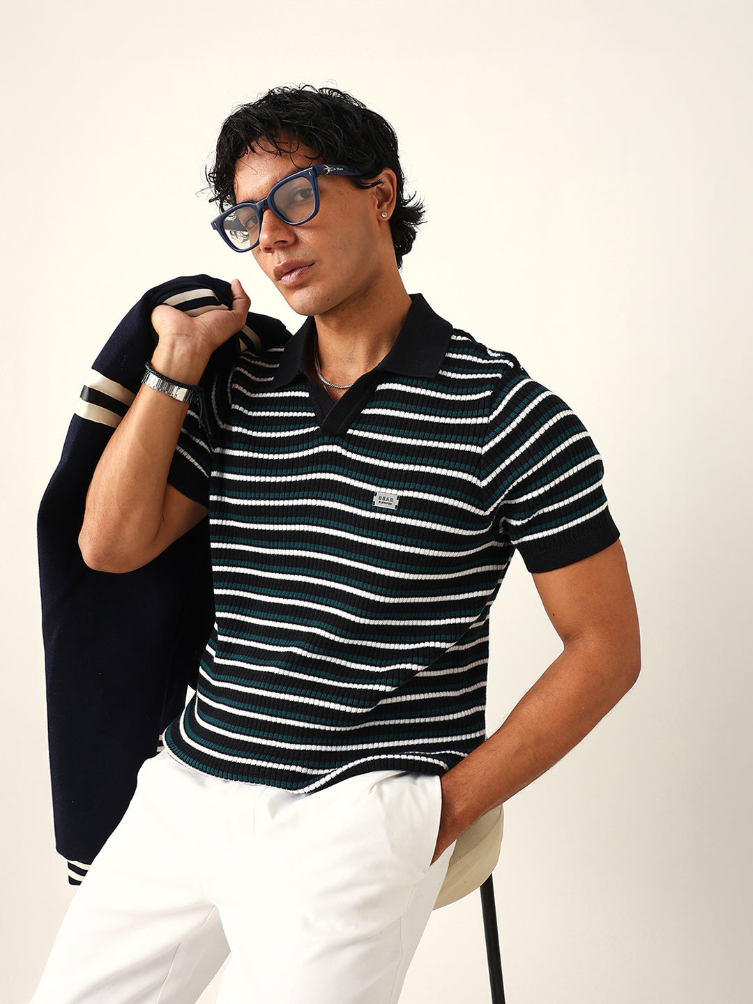 Men Black Striped Cotton T-Shirt