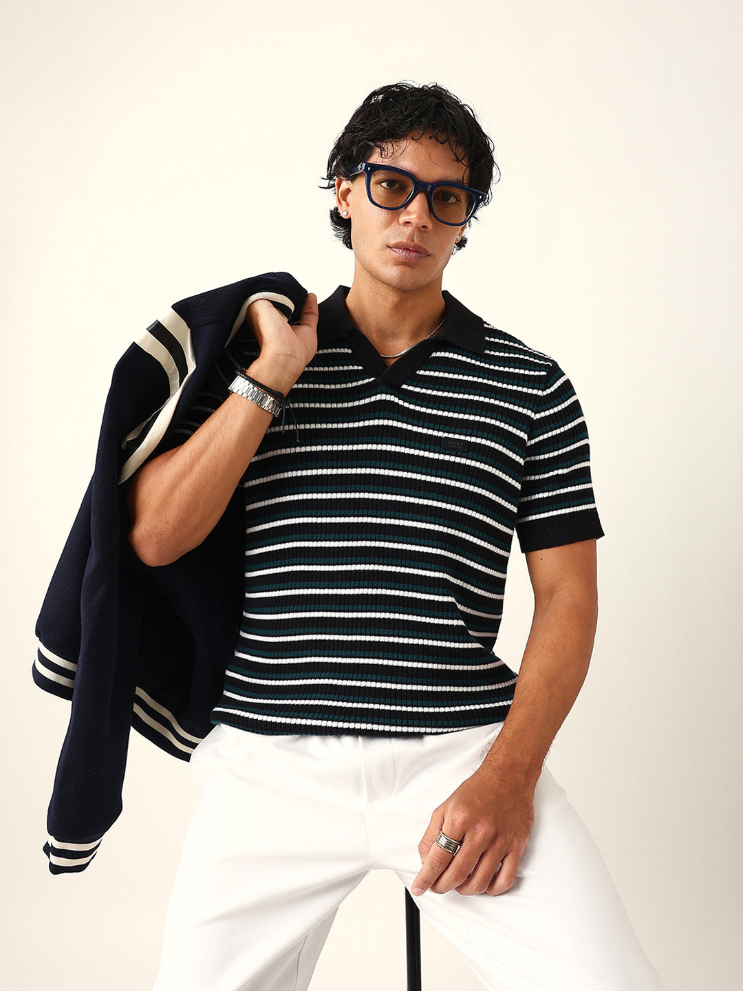 Men Black Striped Cotton T-Shirt