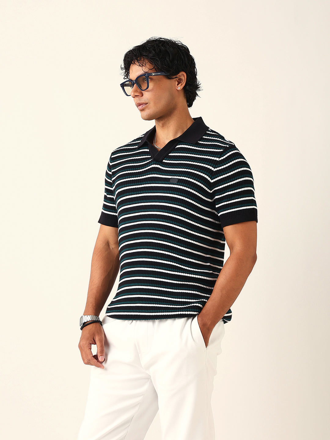 Men Black Striped Cotton T-Shirt