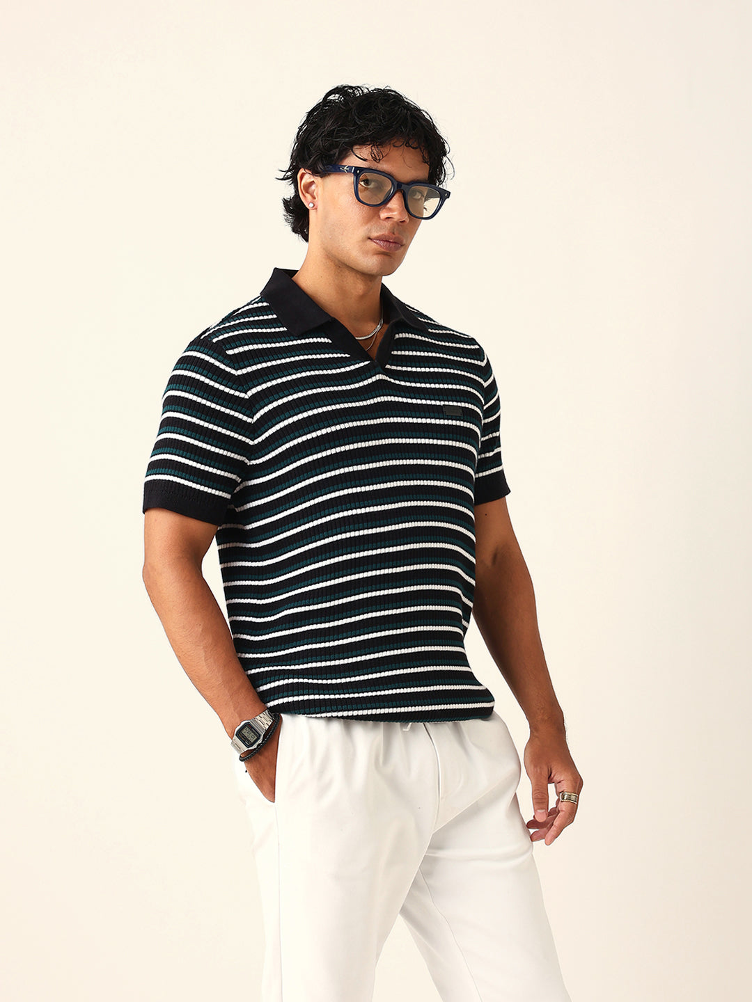 Men Black Striped Cotton T-Shirt