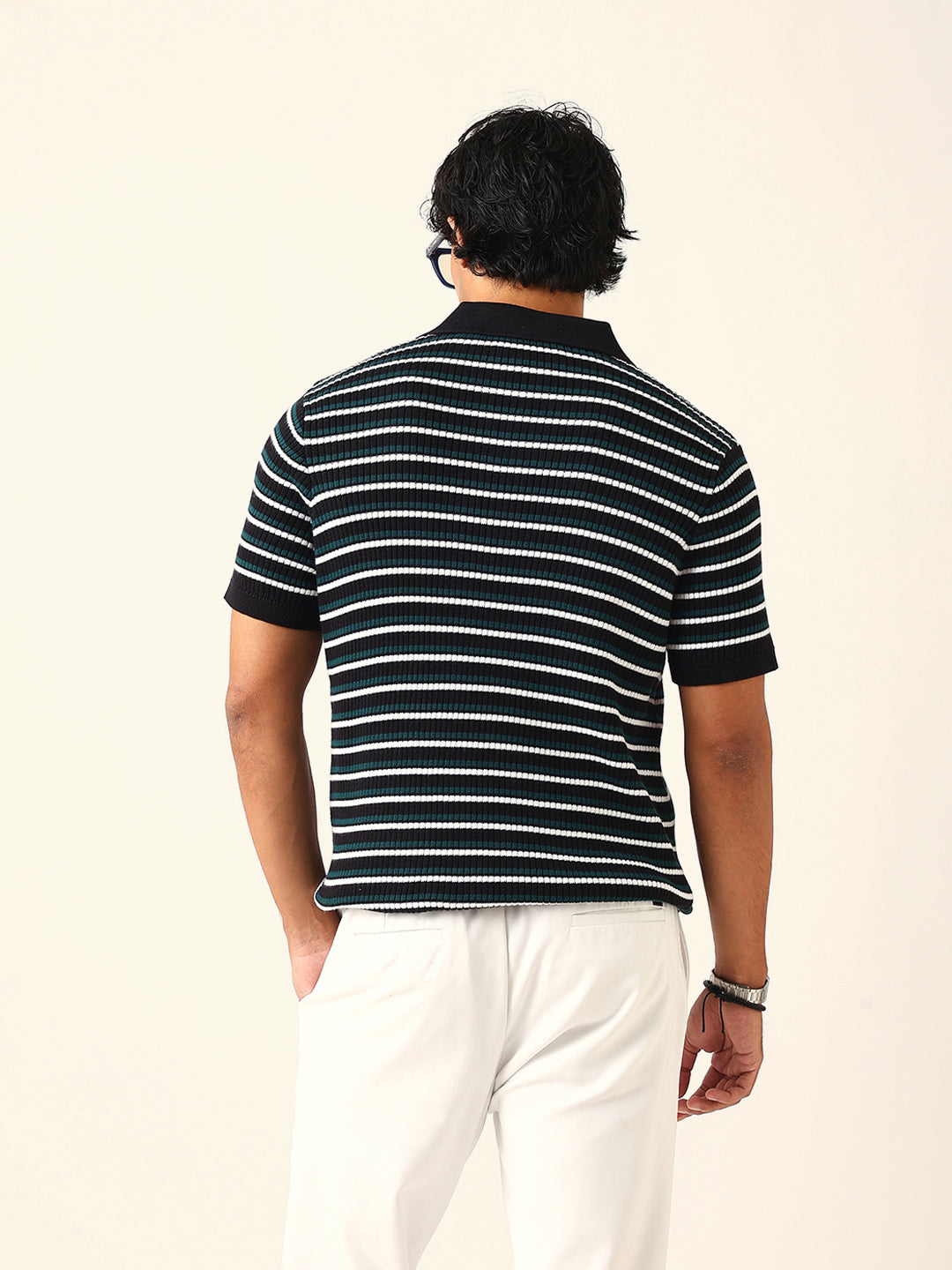 Men Black Striped Cotton T-Shirt