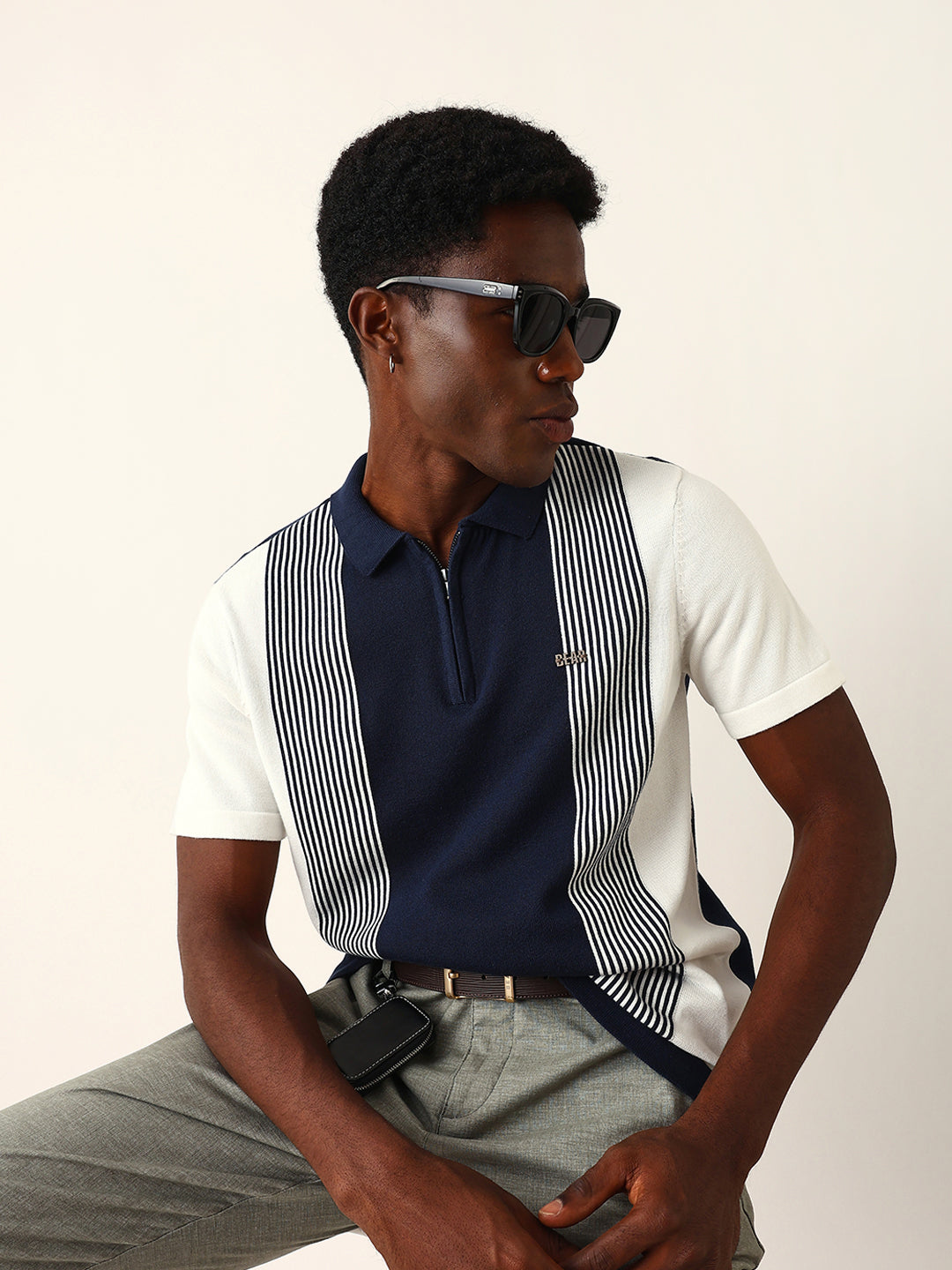 Men Blue Striped Cotton T-Shirt