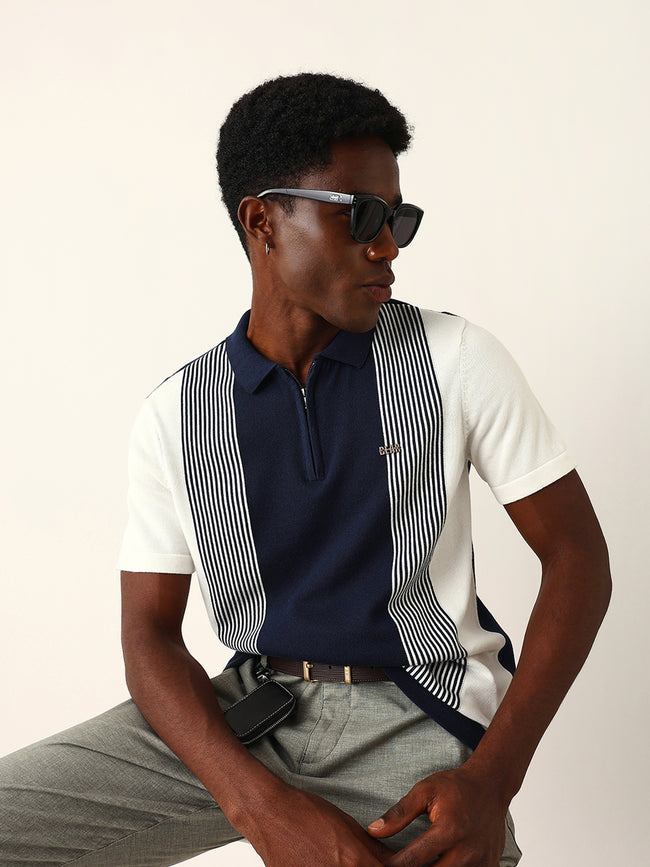 Men Blue Striped Cotton T-Shirt