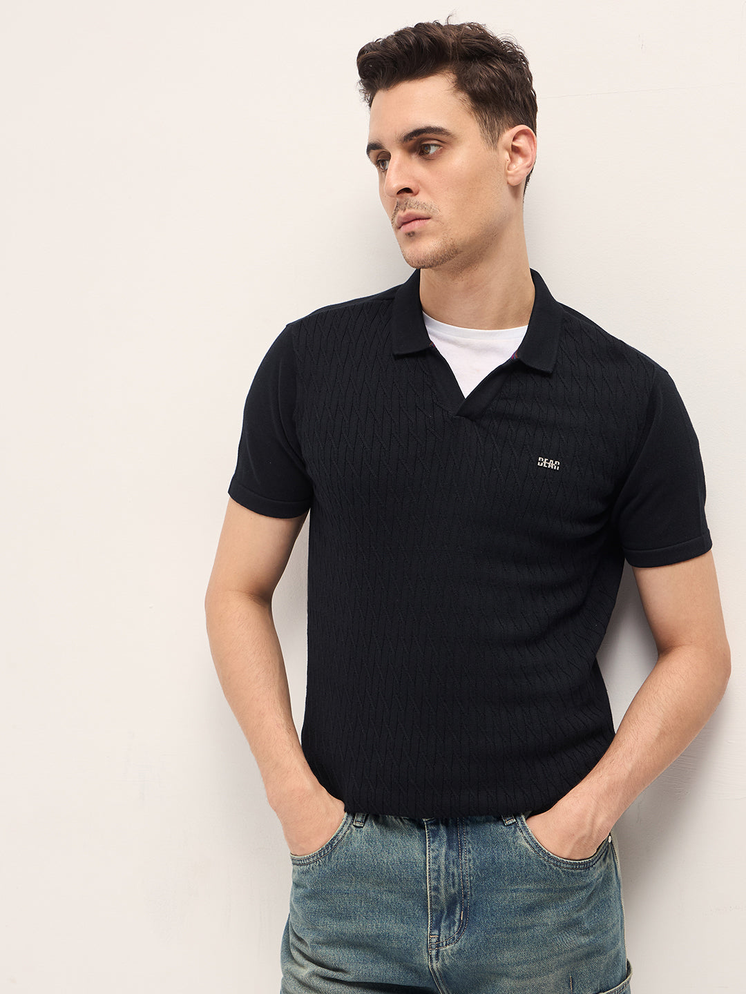 Men Black Diagonal Knit Texture Regular Fit Polo