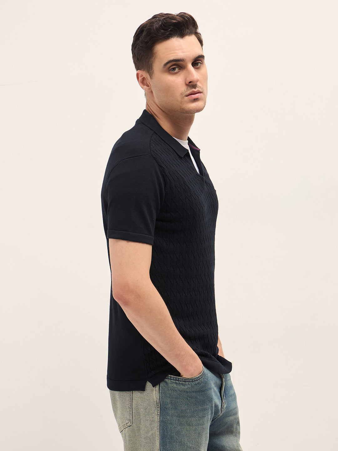 Men Black Diagonal Knit Texture Regular Fit Polo