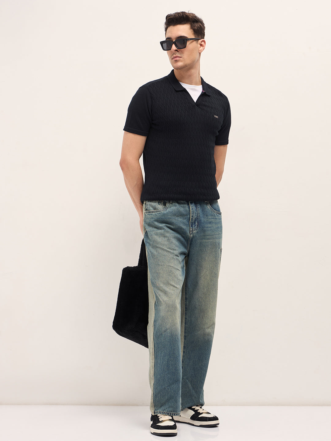 Men Black Diagonal Knit Texture Regular Fit Polo