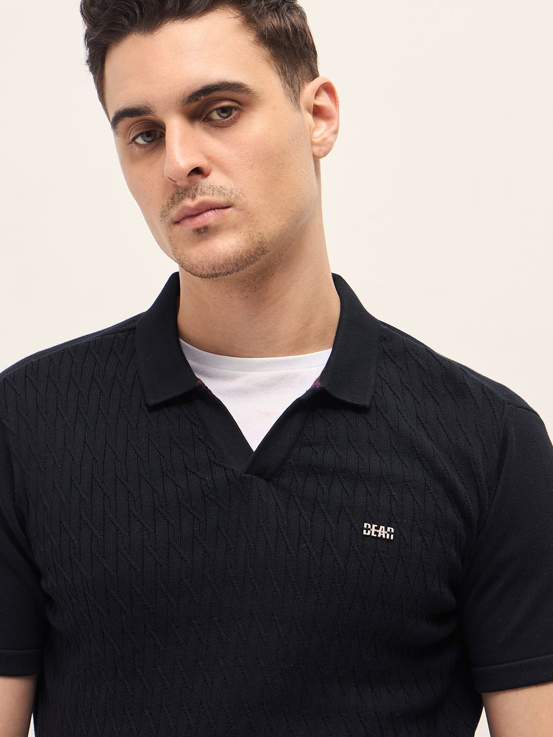 Men Black Diagonal Knit Texture Regular Fit Polo