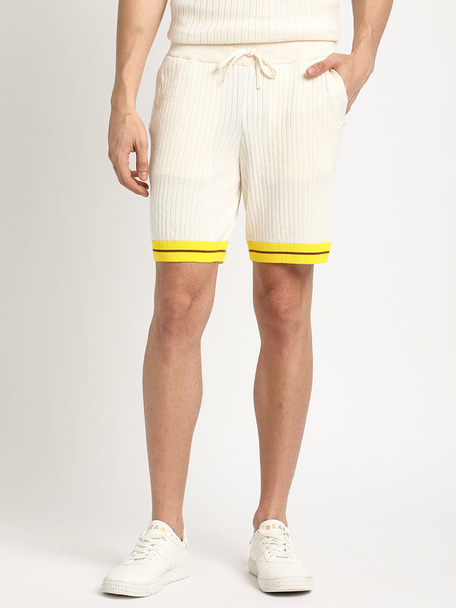 Men Cream Striped Regular Fit Cotton Shorts | The Bear House