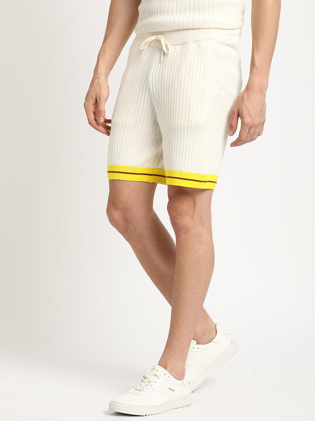 Men Cream Striped Regular Fit Cotton Shorts | The Bear House