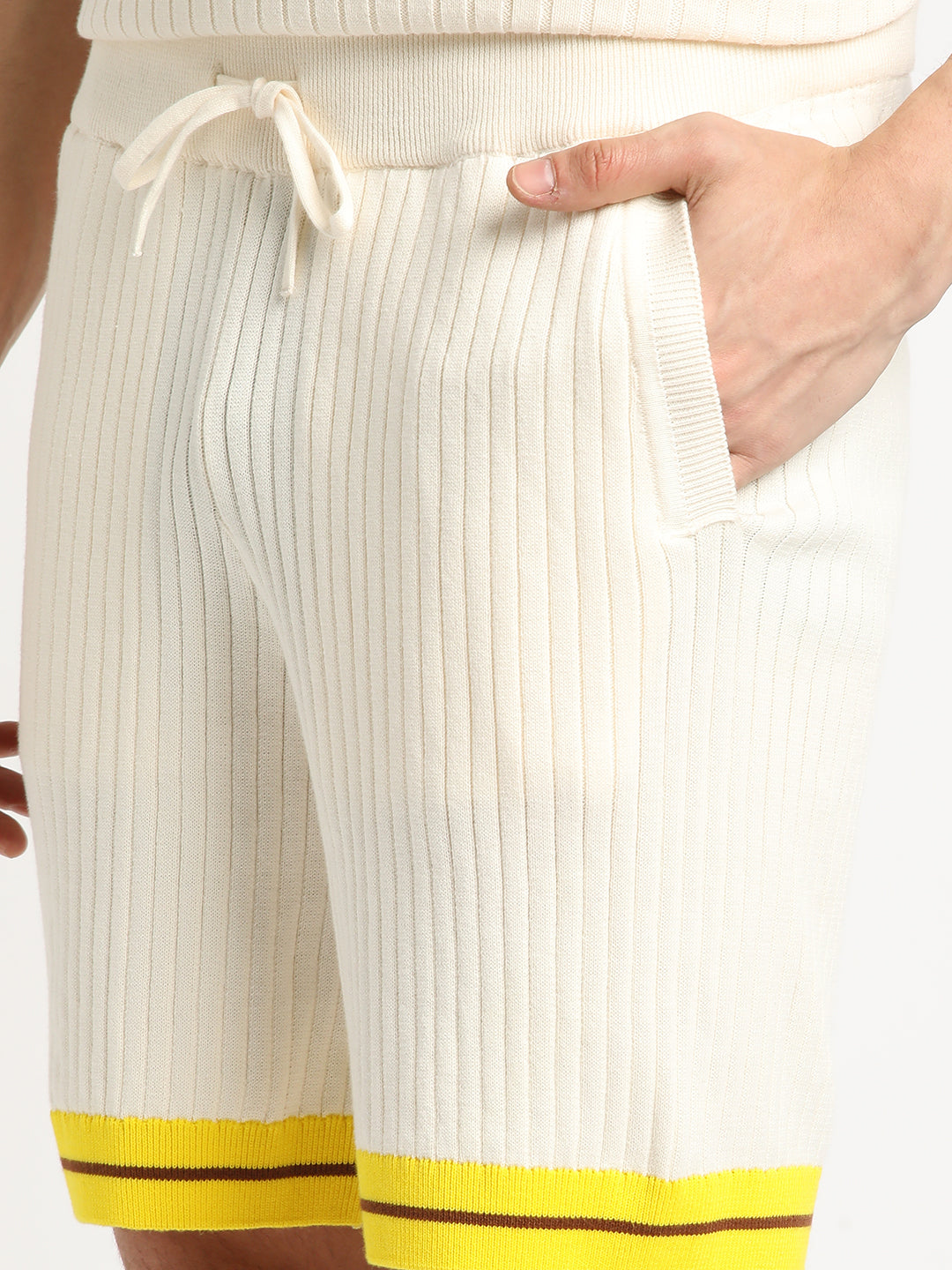 Men Cream Striped Regular Fit Cotton Shorts | The Bear House