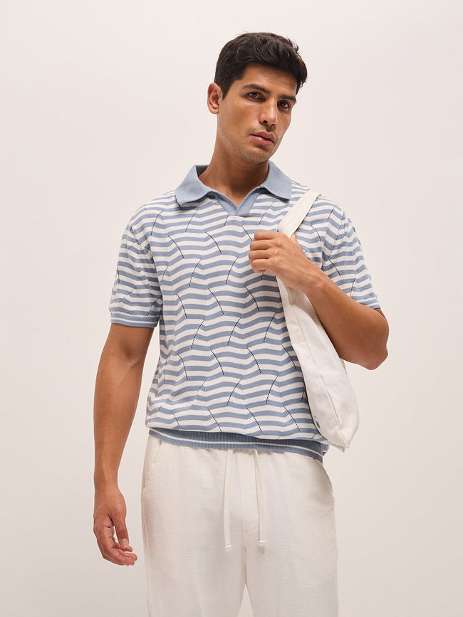 Men Light BlueWhite Geometric Stripe Relax Fit Polo Neck T-shirt