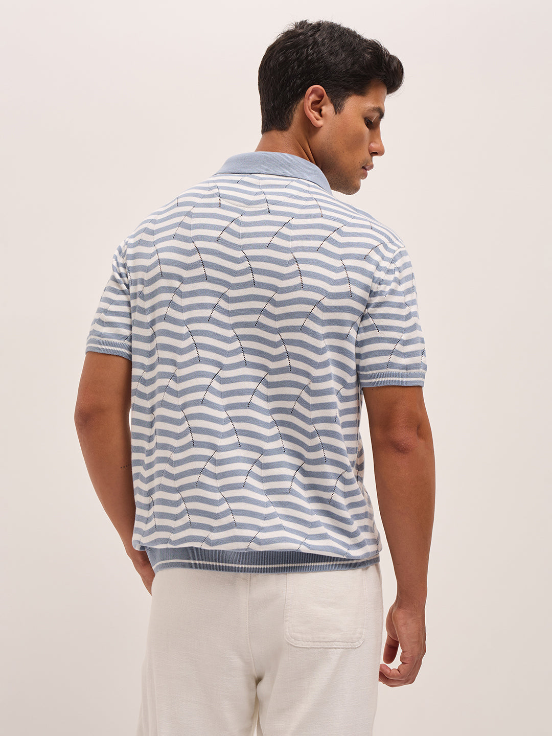 Men Light BlueWhite Geometric Stripe Relax Fit Polo Neck T-shirt
