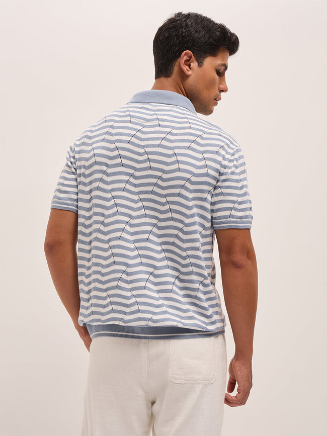 Men Light BlueWhite Geometric Stripe Relax Fit Polo Neck T-shirt
