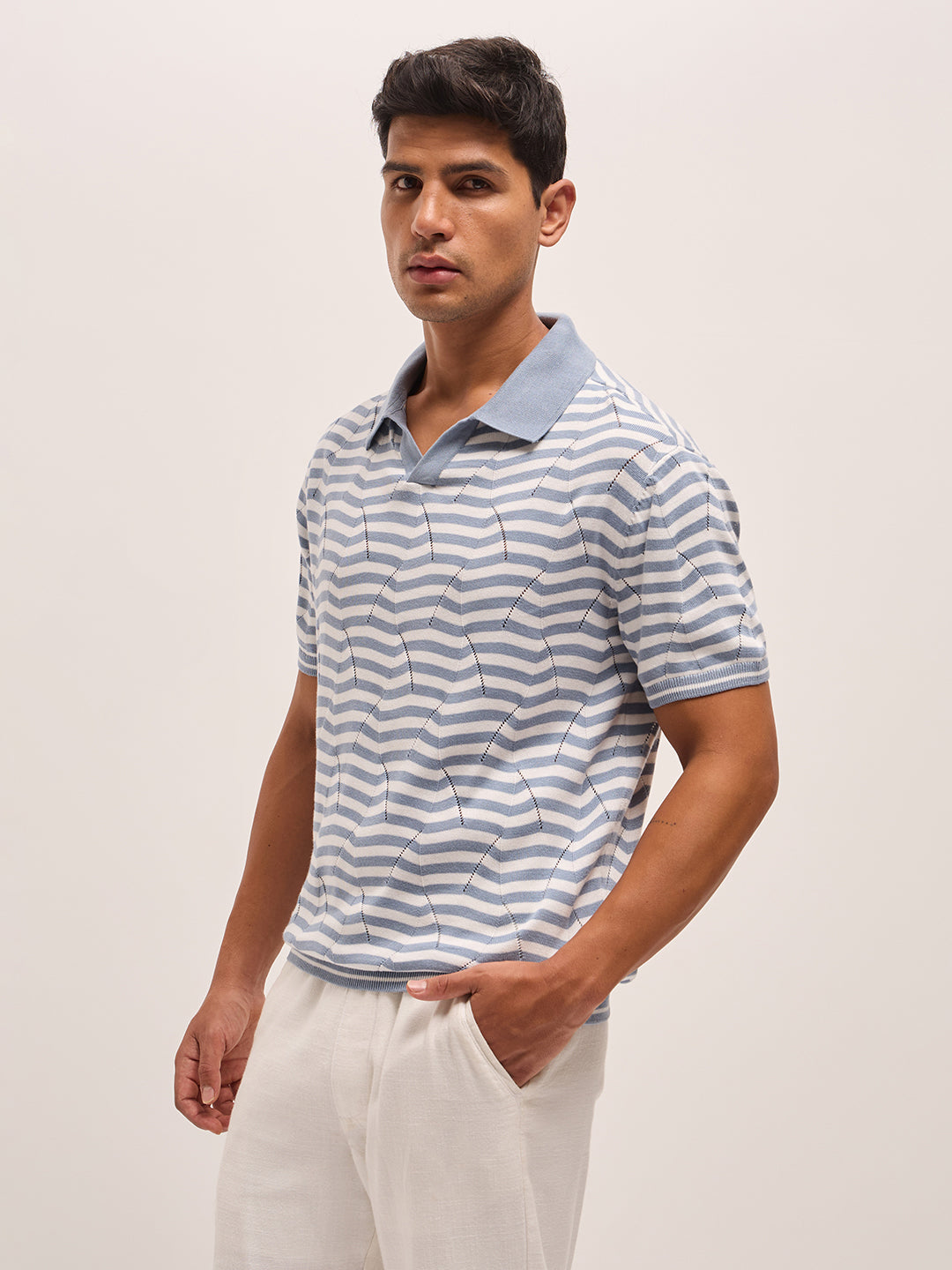 Men Light BlueWhite Geometric Stripe Relax Fit Polo Neck T-shirt