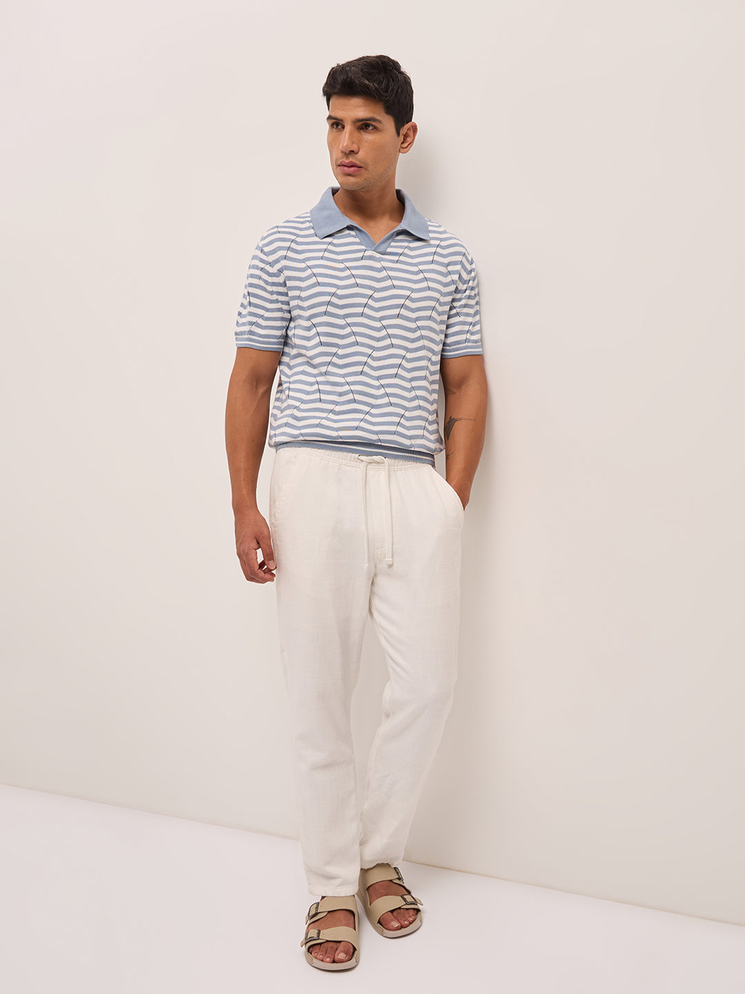 Men Light BlueWhite Geometric Stripe Relax Fit Polo Neck T-shirt
