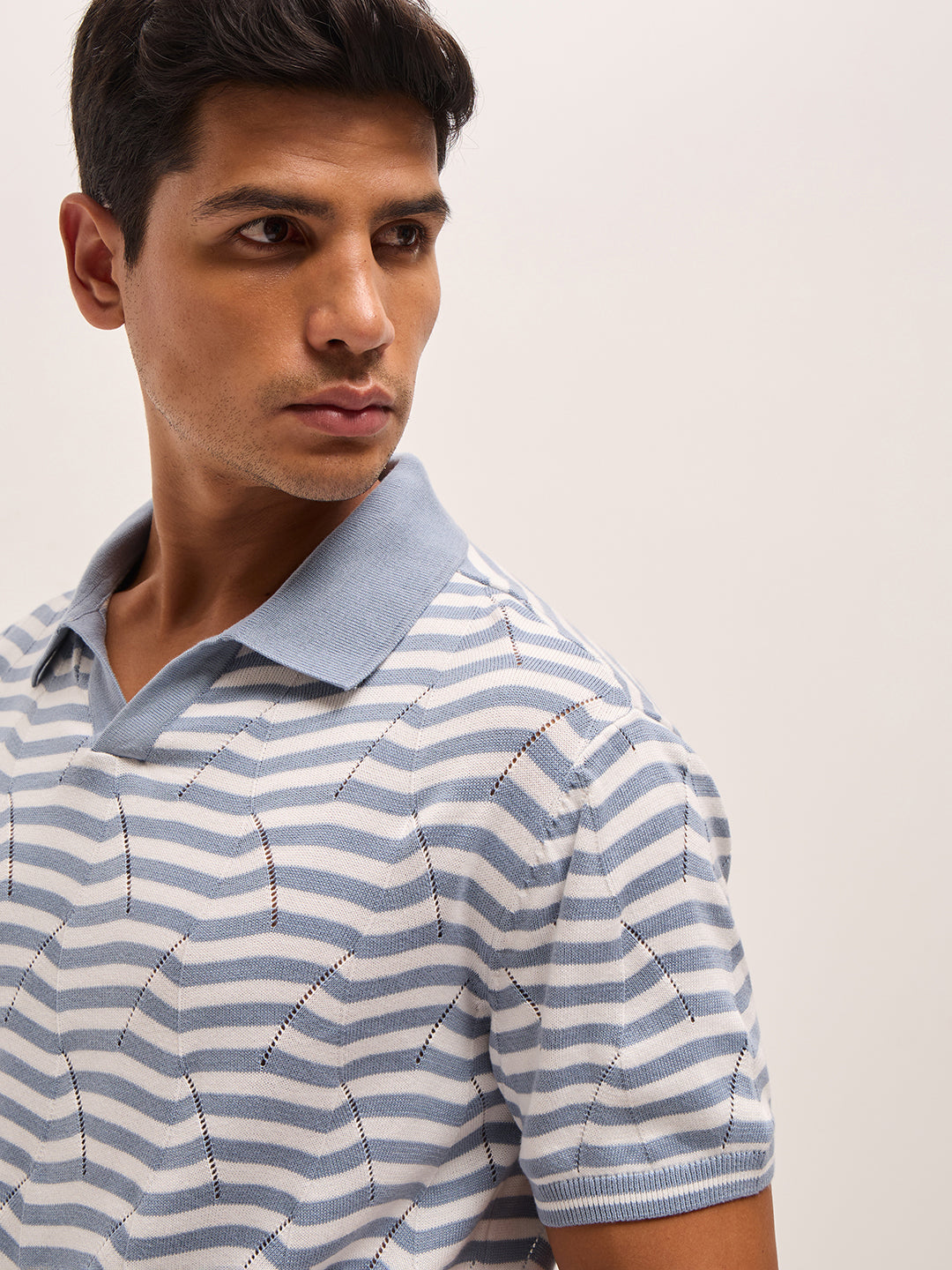 Men Light BlueWhite Geometric Stripe Relax Fit Polo Neck T-shirt