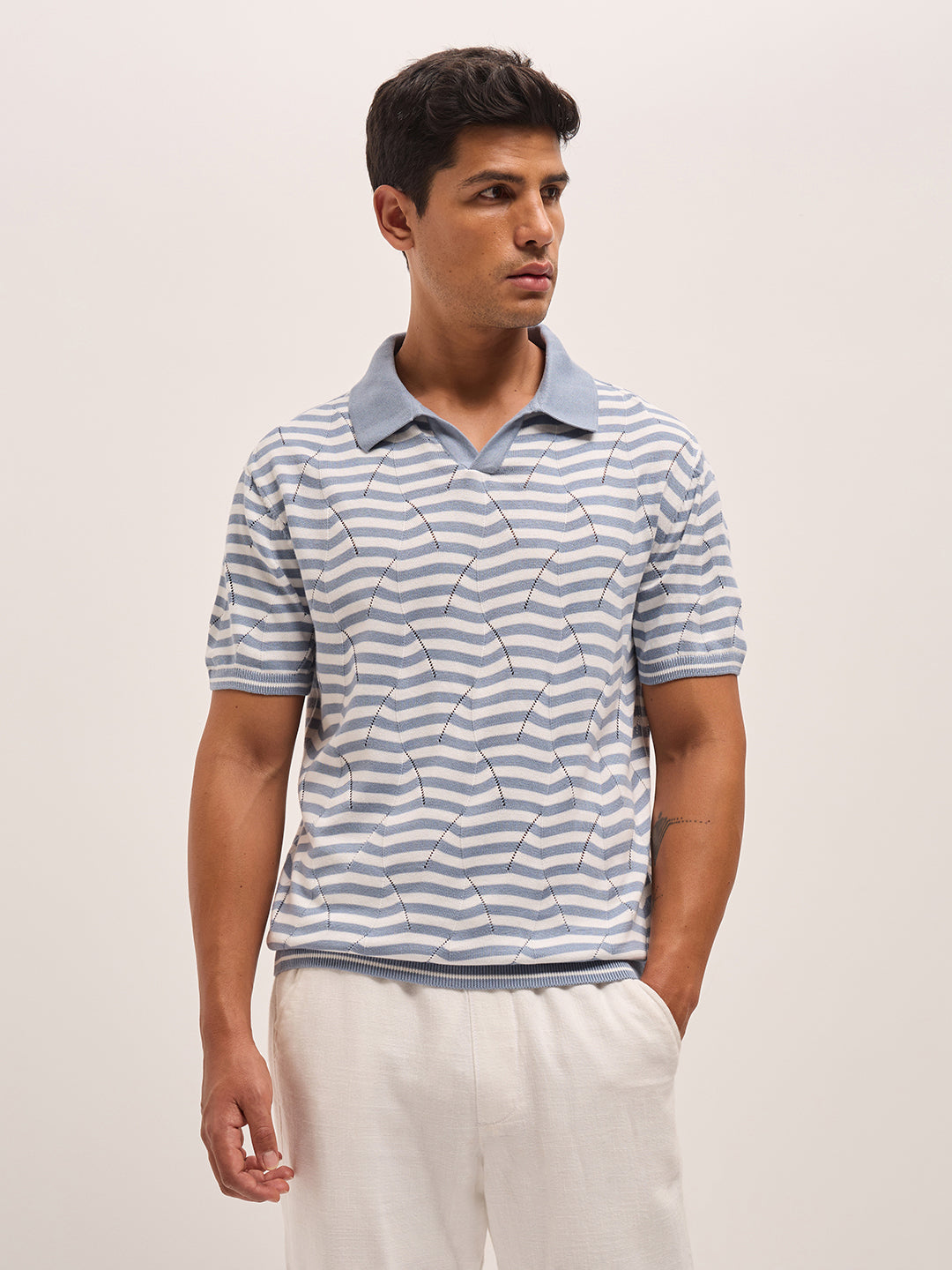 Men Light BlueWhite Geometric Stripe Relax Fit Polo Neck T-shirt