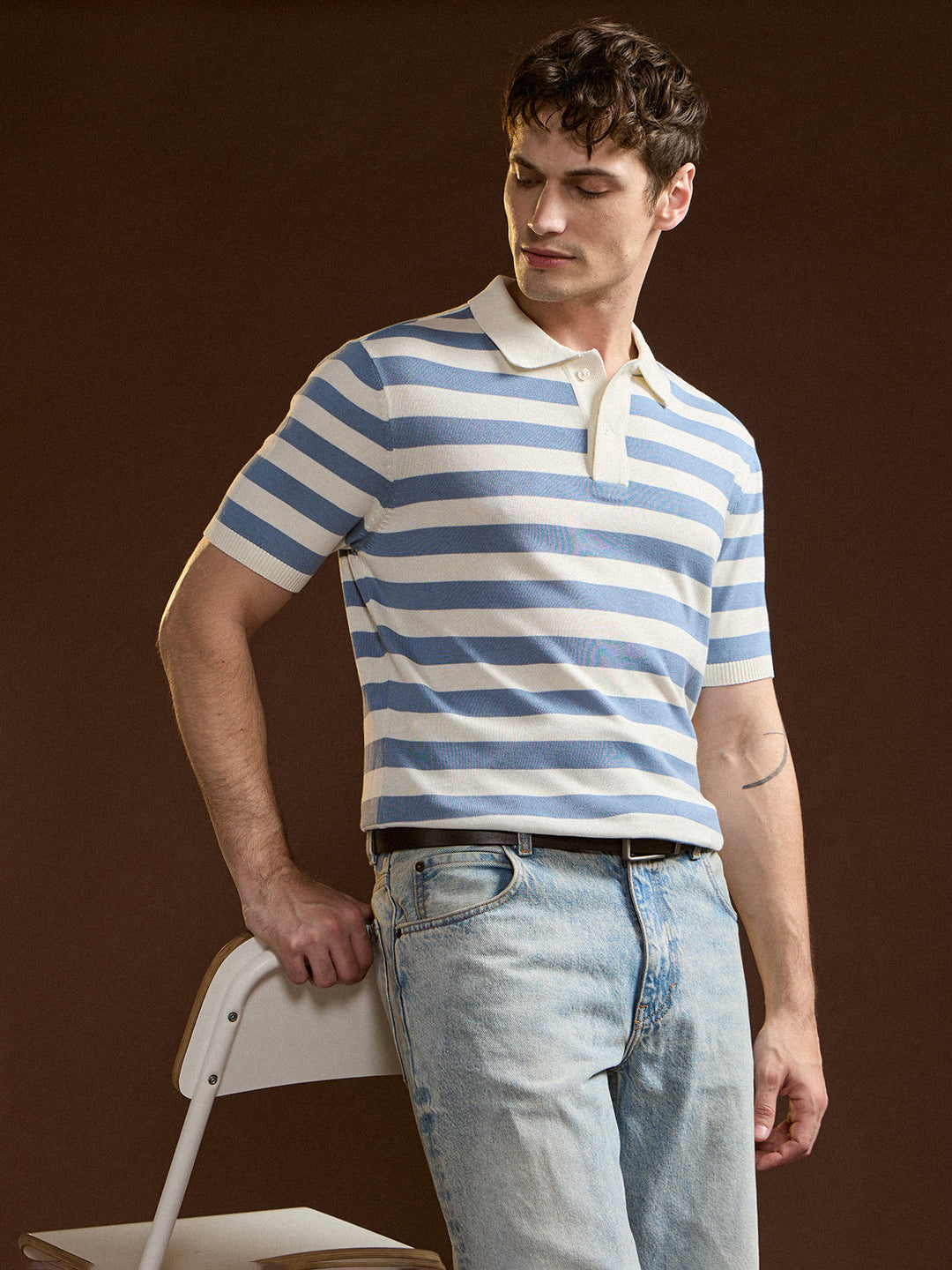 Men Sky Blue & White Horizontal stripes Design Slim Fit Polo