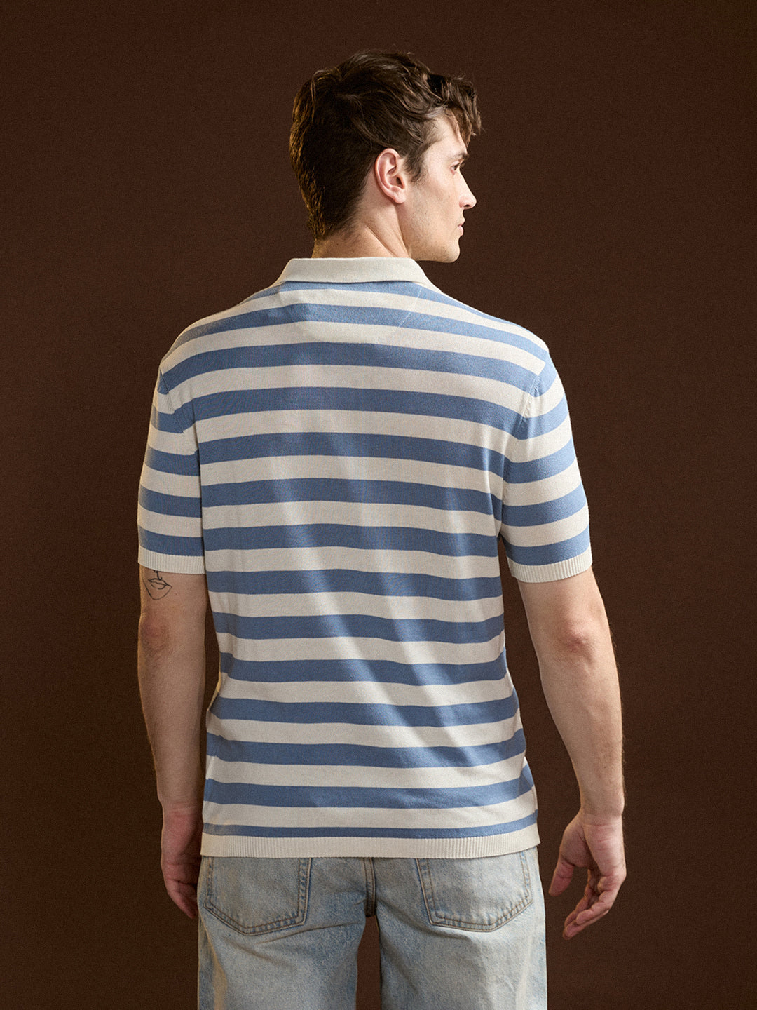 Men Sky Blue & White Horizontal stripes Design Slim Fit Polo