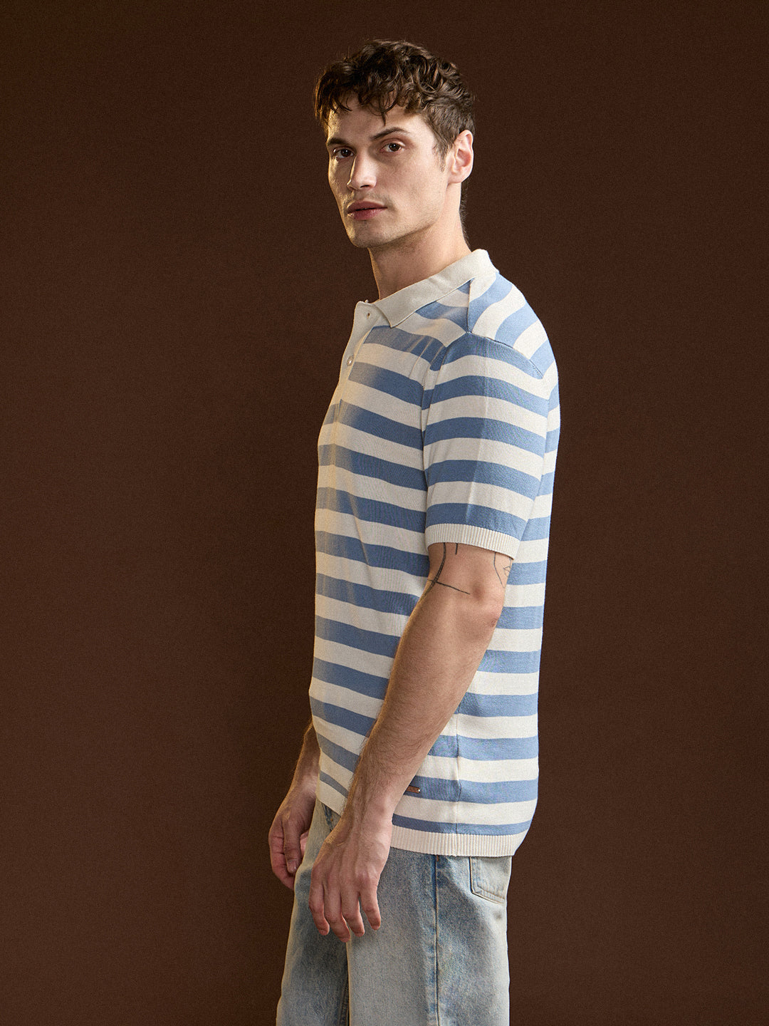 Men Sky Blue & White Horizontal stripes Design Slim Fit Polo