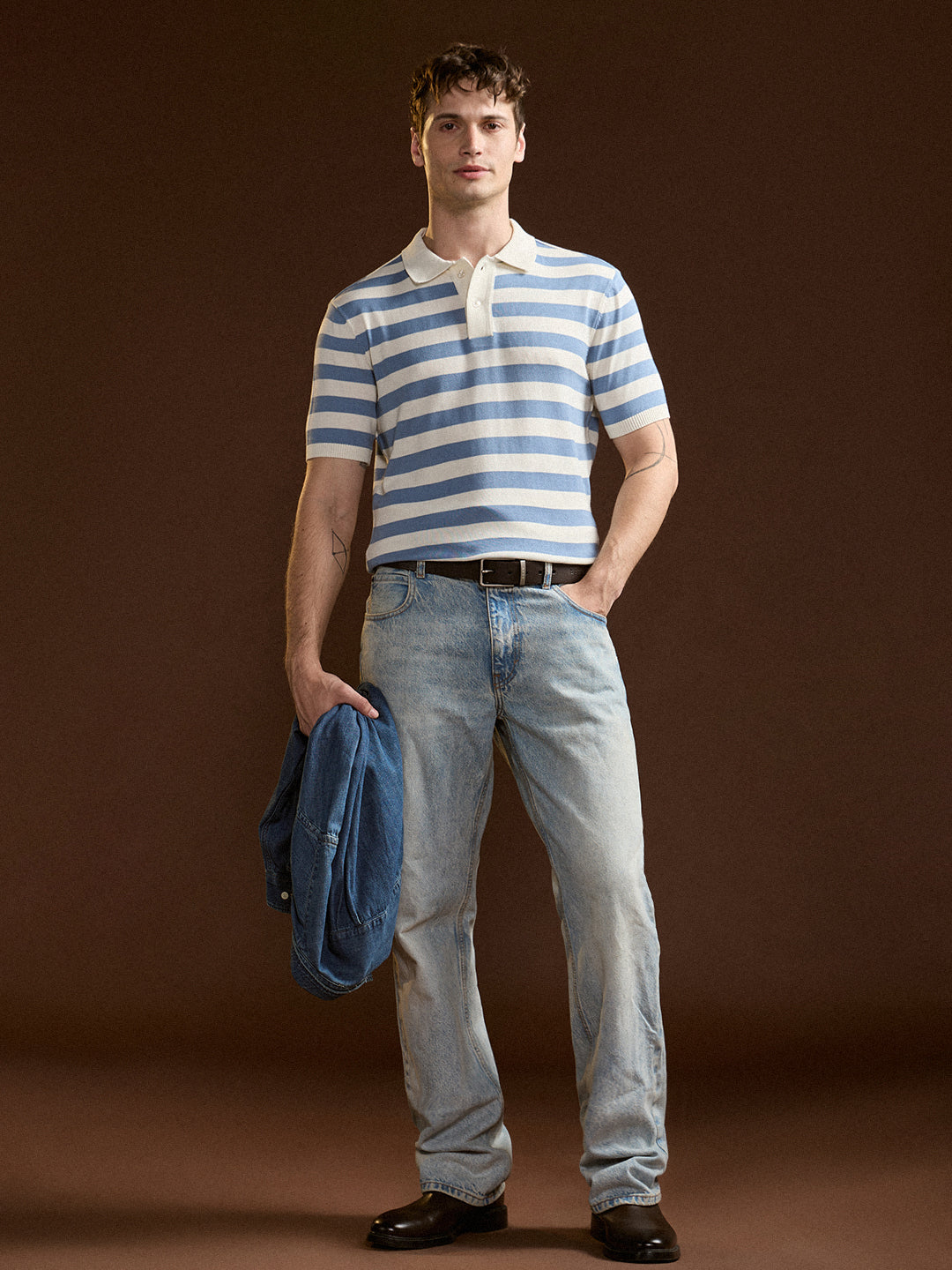 Men Sky Blue & White Horizontal stripes Design Slim Fit Polo