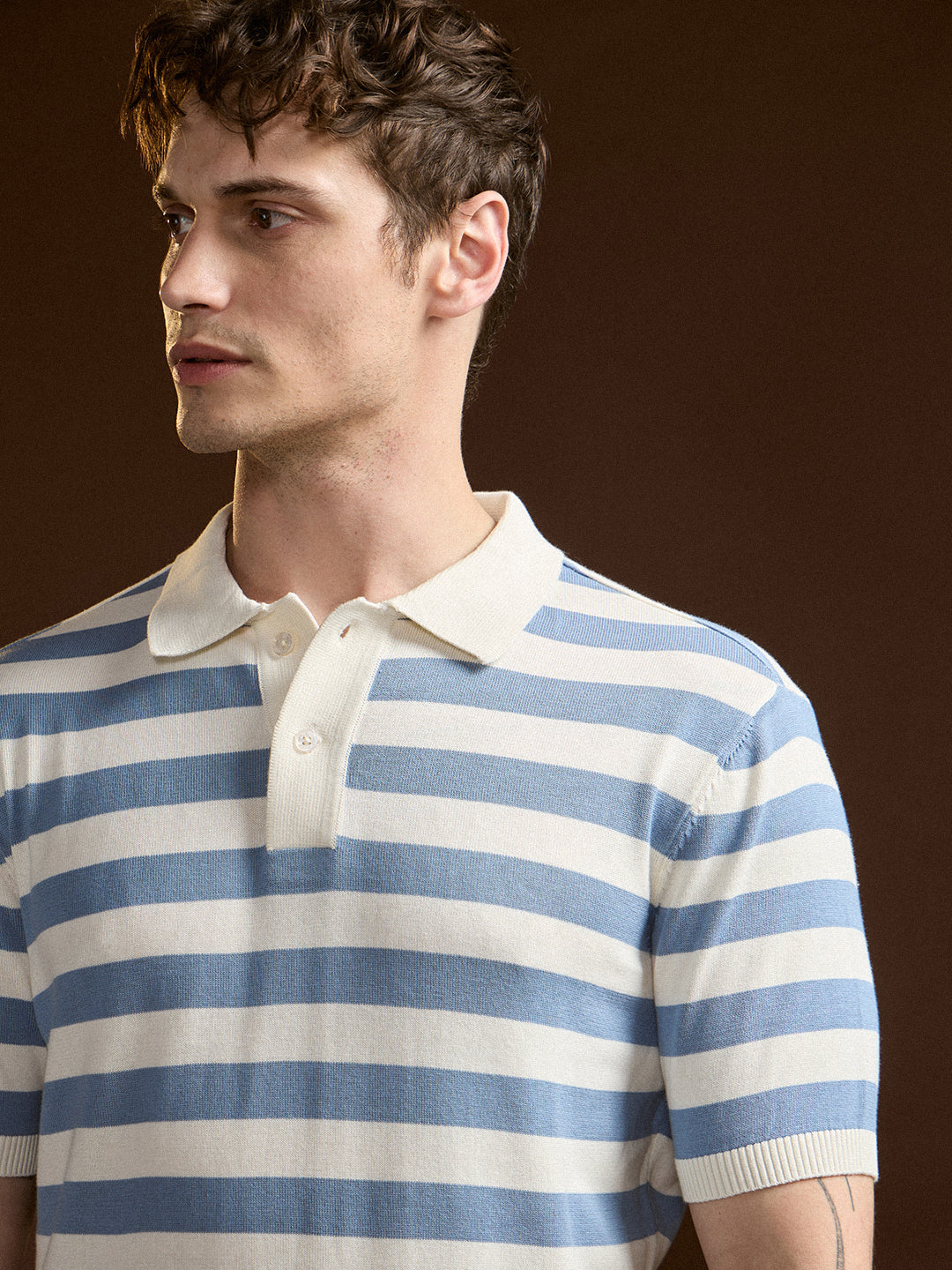 Men Sky Blue & White Horizontal stripes Design Slim Fit Polo